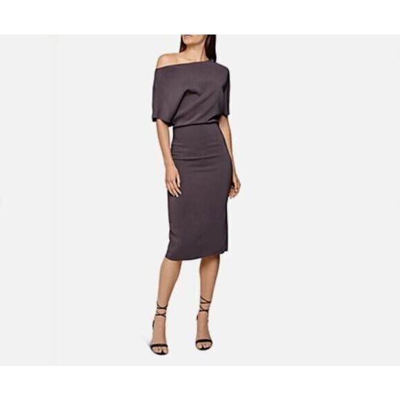 Reiss Madison Draped Bodycon Midi Dress 4 Solid Gray Off Shoulder Stretch NWT - Picture 1 of 9